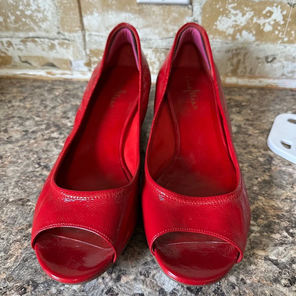 Cole Haan Wedge Sandals Womens 10B Red Patent Leather Nike Air Peep Toe Cork